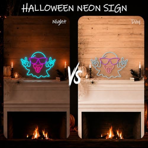 Rock Ghost Halloween Neon Sign, Dimmable LED Ghost Neon Sign for Wall Decor