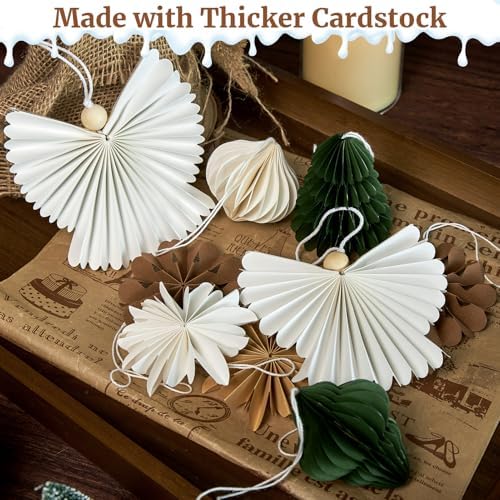 PAPER JAZZ Paper Ornaments for Christmas Tree,Angel Christmas Ornaments with Green Honeycomb Christmas Tree,Gold White Paper Snowflakes Hanging for Christmas Party,New Year,Wedding.