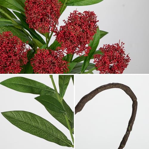 Briful 3PCS Artificial Flowers Faux Skimmia Spray with Leaves 22.8 Inch Long Stem Fake Flowers for Home Vase Table Centerpiece Floral Arrangement Wedding Bouquet (Red)