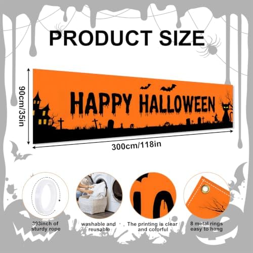 118"x35" Extra Large Happy Halloween Banner Big Spooky Halloween Backdrop for Giant Outdoor Yard Easy Hang with Ropes&Grommets–Perfect for Fence, Porch, Garden, Haunted House Party Signs (Orange Silhouette, 118"x35")