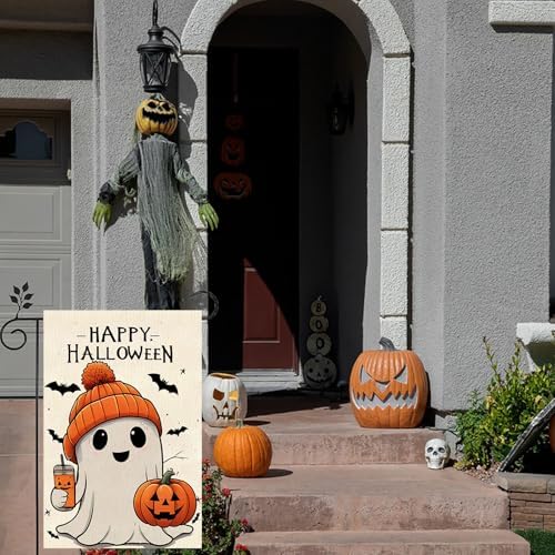 Halloween Ghost Garden Flag 12x18 Vertical Double Holiday Outside Decorations Burlap Yard Flag Spooky Pumpkin Seasonal Holiday Flag Farmhouse Yard Outdoor Flag Seasonal Welcome Yard Outdoor Flag Outdoor Decoration