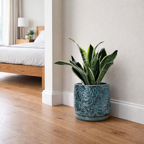 D'vine Dev Embossed Leaves Ceramic Planter, 8 in, Ocean Teal, 27-A-Q-8