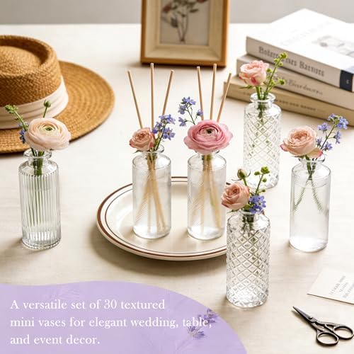 Glass Bud Vases 30 Pack, Small Clear Flower Vases for Centerpieces in Bulk