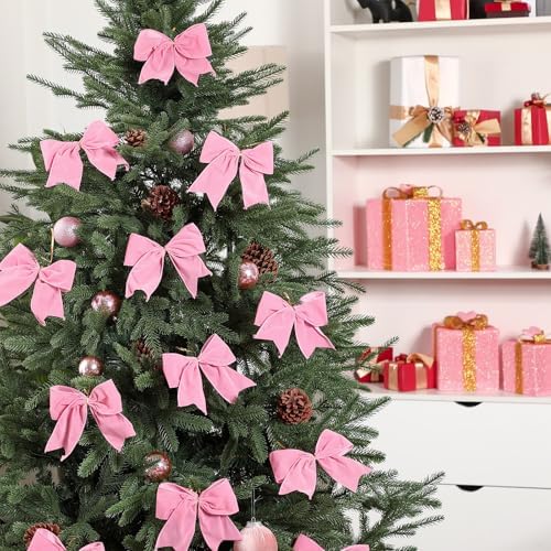 Janinka 12 Pcs 6 Inch Christmas Velvet Bows Decoration for Wreath, Pink
