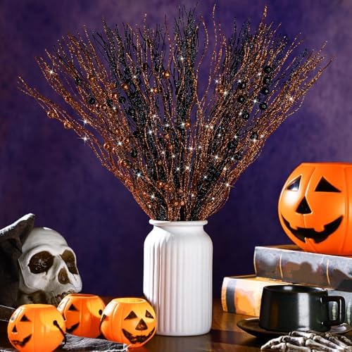 Giegxin 16 Pack 17 Inch Halloween Picks Black and Orange Glitter Berry Stem
