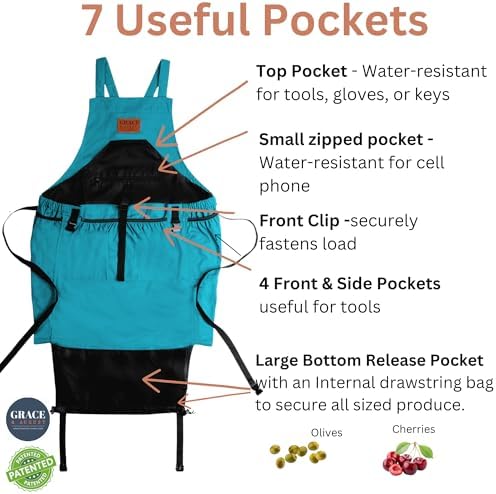 Grace and August Gardening Apron with Pockets for Women & Men - Garden Apron 7 Pockets & Internal Drawstring Bag - Great Gift