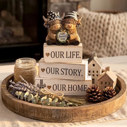 Yousoontic 4 Pcs Sweet Home Highland Cow Figurines, Rustic Farmhouse Decor