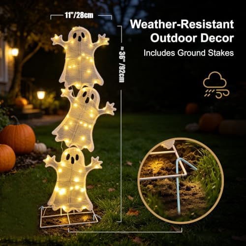 Halloween Decorations Lighted 3 Stacked Ghosts, Freestanding LED Ghost Yard Sign with Timer Battery Operated, Warm White Light Up Ghost Decor for Porch Lawn Garden Indoor Outdoor Holiday Display