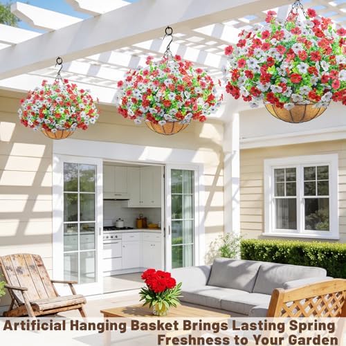 2 Set Artfiticial Hanging Flowers with Basket & Foam Outdoor,Red White