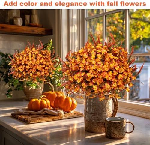 AXYLEX Artificial Fall Flowers Outdoor Fake Mums (OrangeGreen, 16 Pk)
