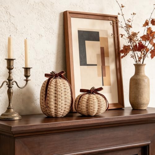 DN DECONATION Fall Pumpkin Decor, Fake Rattan Pumpkin Decorations for Home