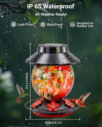 Solar Hummingbird Feeder for Outdoors 24oz Solar Powered Hummingbird Feeder Hand Blown Glass 7 Color Changing for Outdoors Garden Hanging Water-Proof Leak Proof Wild Bird Feeders Gifts for Women Mom