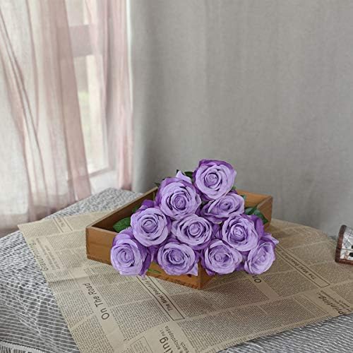 10pcs light Purple Roses Artificial Flowers, Realistic Faux Rose with Stem