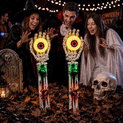 Halloween Decorations Outdoor, 2 Packs Skeleton Hands with Eyeball Lights