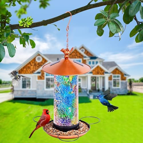 XDW-GIFTS Mosaic Solar Bird Feeder, Waterproof Lantern Shape with Hook & 4 LED Lights, Garden Decor for Lawn, Patio, Balcony, Yard Ornament - Unique Gifts for Mom,Women,Grandma,Bird Lovers