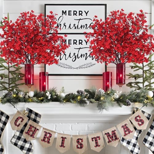 5 Pcs Fake Flowers, Real Touch Babys Breath Artificial Flowers, Red