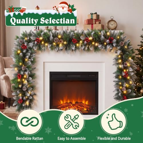 Christmas Garland,Christmas Garland with Lights, Christmas Decoration,9FT/2.7M, for Mantle, Home, Stairs, Fireplace, Porch, Door,Indoor/Outdoor (Green)