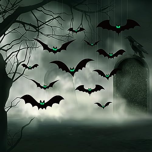 12pcs Halloween Hanging Bats Decorations - Outdoor Bats with Glowing Eyes for Trees, Yards & Porches