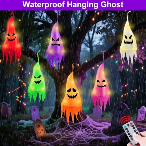 Remote Control - 6 Pcs Halloween Hanging Ghosts with 8 Modes 30 LED Lights,13 FT Long Halloween Decorations Outdoor Hanging Ghosts with Witch Hat,Waterproof for Yard, Lawn, Porch, Garden Tree Outside