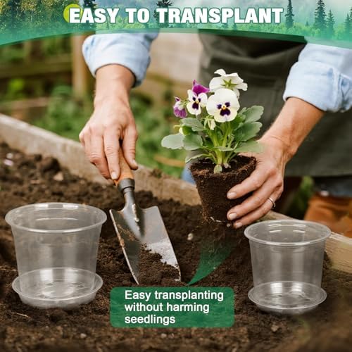 RAOOKIF 10 Inch Nursery Pots with Saucers, 4 Pack Large Size Clear Nursery Pots with Drainage Hole for Indoor Outdoor Plants, Plastic Clear Pots for Plants for Flowers, Succulents, Vegetable