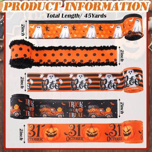 9 Roll 45 Yards Ghost Pumpkin Halloween Wired Ribbons for Wreath Bow