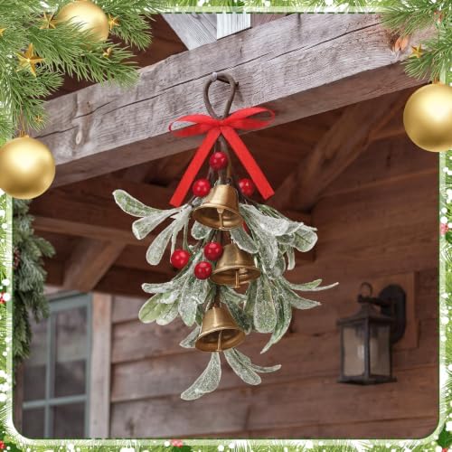 Tigeen 2 Pcs Christmas Mistletoe 3 Bells Bow Hanging Ornament, Red,White