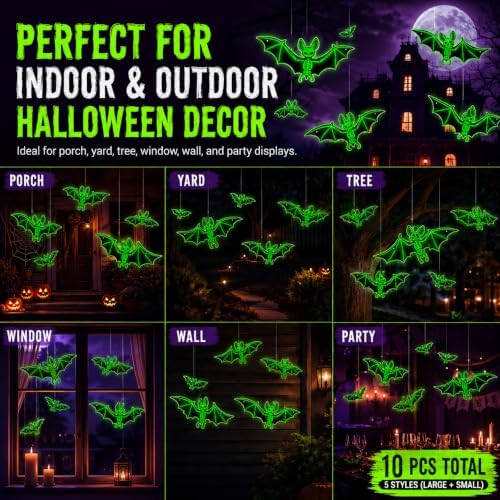 10PCS Glow-in-the-Dark Hanging Bats for Halloween
