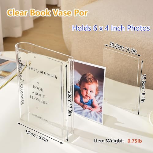 Clear Photo Vase for Flowers, Picture Frame Flower Vase with 6x4 Photo Insert - Acrylic Book-Shaped Vase for Home, Office Desk, and Living Room Decor