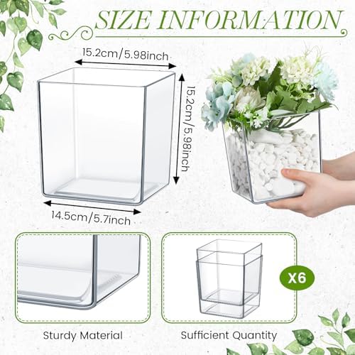 6 Pcs 6 x 6 Acrylic Square Vase for Centerpieces Clear Plastic Flower Vases