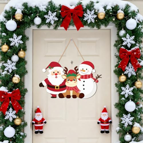 Happy Christmas Door Sign Wooden Reindeer Santa Claus Snowman Door Wreath