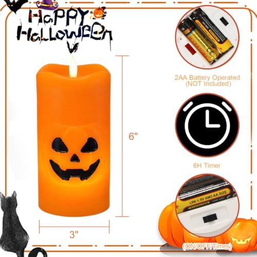 Eldnacele Halloween Pumpkin Flameless LED Pillar Candles with 6 Hour Timer