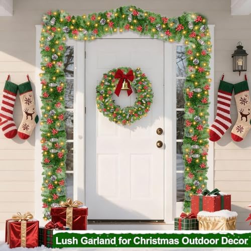 Timer & 8 Modes 9 Ft Prelit Christmas Garland 50 LED Warm White Lights Cedar Valentines Garland Battery Operated 270 Thick Branch Bristle Pine 70 Red Berries 10 Pinecones Mantle Home Decor Outdoor