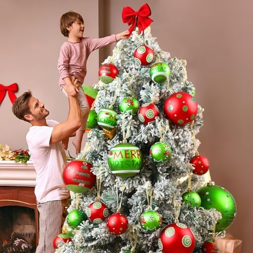 Lanpn 30 Pcs Outdoor Christmas Ornaments, 2.4" Mini Xmas Tree Elf Swirl Ball Decoration, Red Green Christmas Ornament Set, Glittering String Ball Plastic Hanging Decor for Lawn Yard Holiday Party