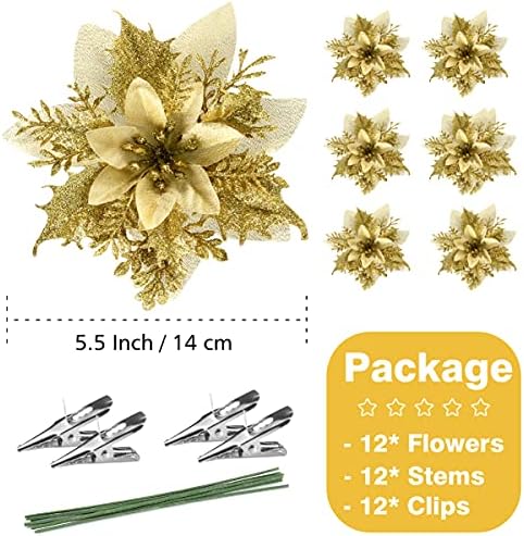 FurRain Christmas Poinsettia Artificial Flowers Decorations 5.5" Christmas Tree Wreaths Garland Decoration 12 Pcs Glitter Flowers Picks Decor for Xmas New Year Wedding Party Ornaments (Gold)