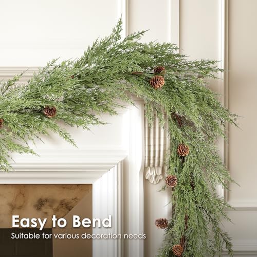 WBHome 2pcs Real Touch Cypress Cedar & Pine Cone Evergreen Garland for Christmas Holiday Seasonal Outdoor/Indoor Home Decor, 9FT Long
