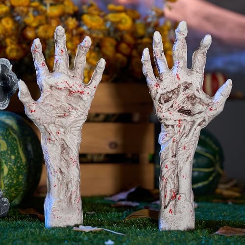JOYIN Bloodstain Zombie Arm Stake Groundbreaker Halloween Outdoor Decoration Realistic Looking Fake Arm Hands Yard Stakes for Halloween Haunted House Yard Decoration