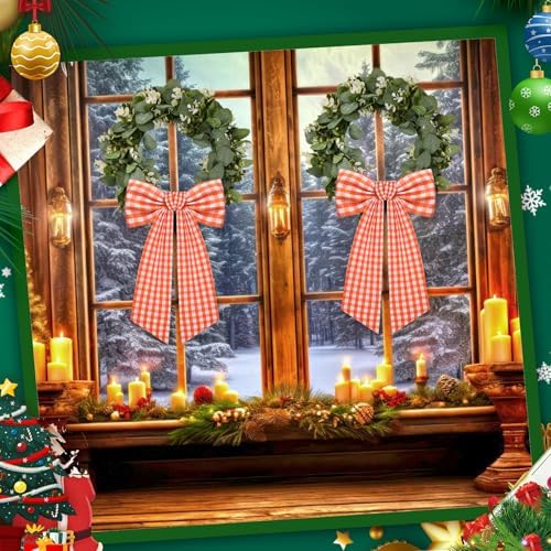 2 Pack Wreath Sash for Front Door Boxwood Wreath Sash Garland Front Door Porch Decor(White and Orange Plaid)