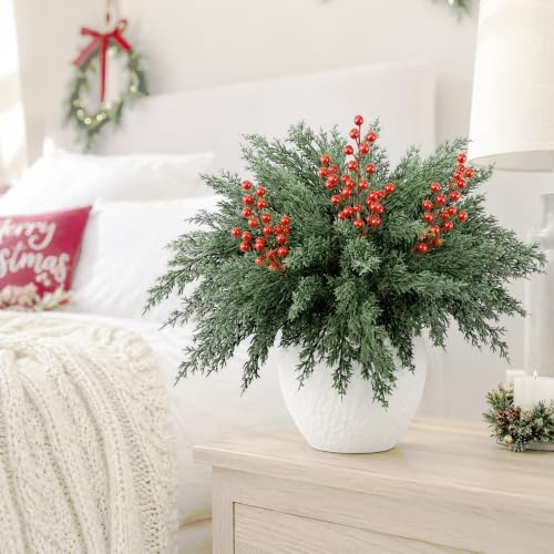 Watayo 10 Pcs 16.5" Christmas Artificial Pine Branches with Red Berry Stems