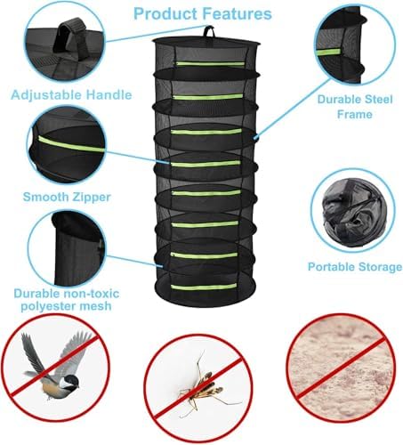 Herb Drying Rack Hanging 8 Layer, 2ft Collapsible Herb Dryer Mesh with Zipper, Garden Gloves, Hook, Plant Net Dry Rack for Drying Seeds, Buds, Grass, Hydroponic Plants for Outdoor Harvest 24"D x 63"H