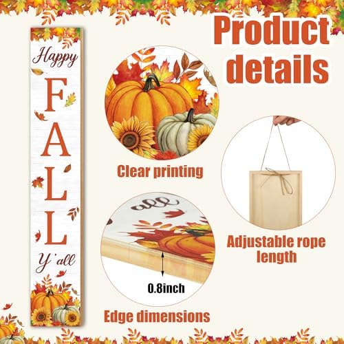 47" Fall Wooden Porch Sign Happy Fall Y' All Front Door Welcome Sign Pumpkin Maple Leaf Standing Sign Vertical Wooden Hanging Decor for Thanksgiving Garden Home Yard Farmhouse Autumn Decorations