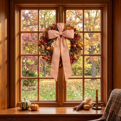 VitalCozy Wreath Sash for Front Door Fall Orange Stripe Satin Ribbon