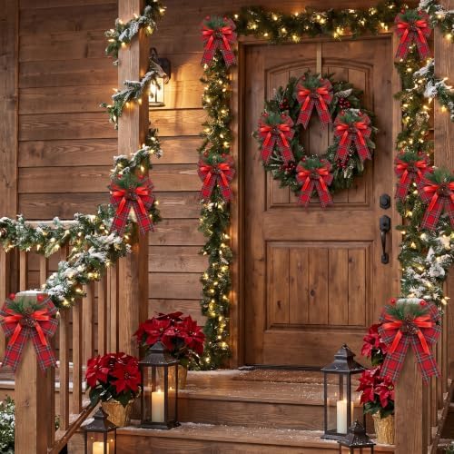 Moucuny 6 Pcs Christmas Burlap Bows Red and Green Plaid