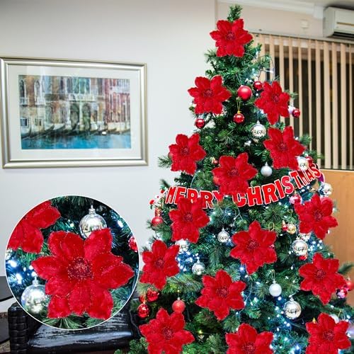 Sggvecsy 10Pcs Christmas Glitter Flowers Christmas Tree Ornaments Artificial Poinsettia Flower Velvet Magnolia Stems Floral Picks for Xmas Wedding DIY Crafts Wreath Party Floral Decorations (Red)