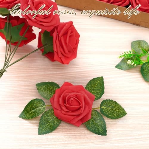 BLEUM CADE 16Pcs Artificial Flowers Fake Foam Roses with Stems for Wedding