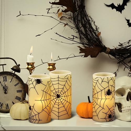 Spider Cobweb Halloween LED Flameless Pillar Candles with 6H Timer