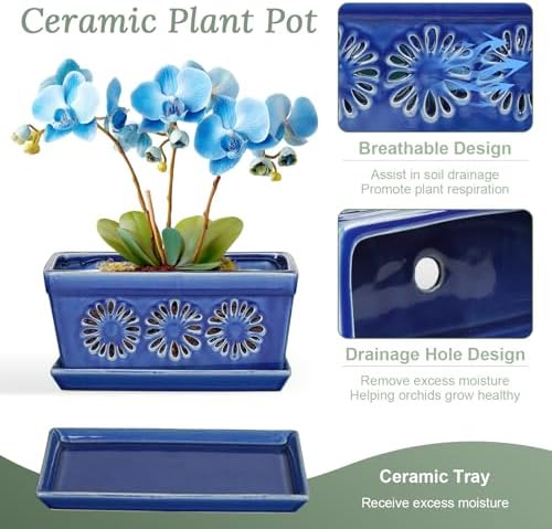 EFISPSS 10 Inch Orchid Pot, Ceramic Orchid Pots with Holes, Indoor Flower pots with Drainage and Saucer, Plant Pots Enhance Good Ventilation - Blue