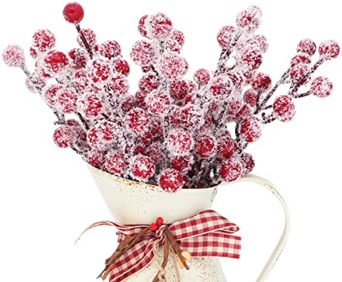 24 Pieces Artificial Holly Berry Stems 9" Christmas Berry Picks Sprays Snowy Fake Red Berries for Xmas Tree Branches Fillers Ornaments Valentine DIY Crafts Wedding Home Party Winter Decor (24, Red)