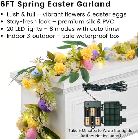 Easter Garland with Lights 6FT - Lighted Spring Flower & Egg Vine Decor - 20 LED Battery Operated with Auto Timer & 8 Modes - Mantel Fireplace Door Easter Decor