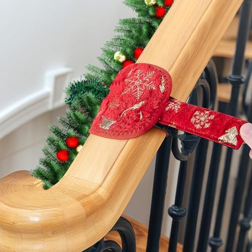 8 Pcs Railing Protection Christmas Garland Ties, Red Decorative Banister Garlands Hanger, Adjustable Banister Protective Padded Faux Pine Stems Garland Ties for Staircase Wreath Home Holiday Decor