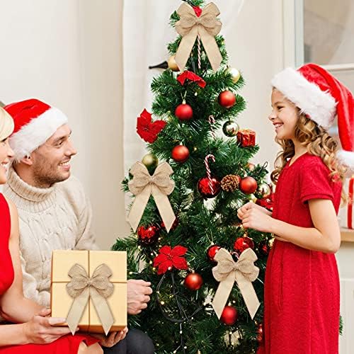 Xinnun 6 Pcs Christmas Burlap Bows Wreath Bows,Plain Style,Beige